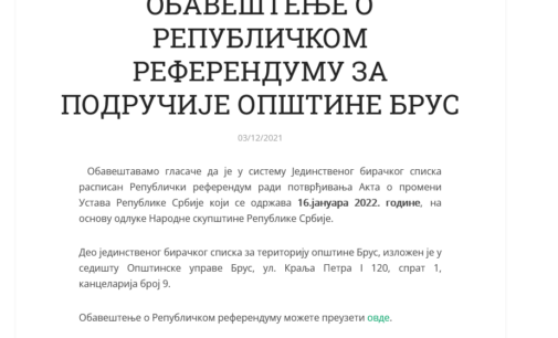 OBAVEŠTENjE O REPUBLIČKOM REFERENDUMU ZA PODRUČIJE OPŠTINE BRUS