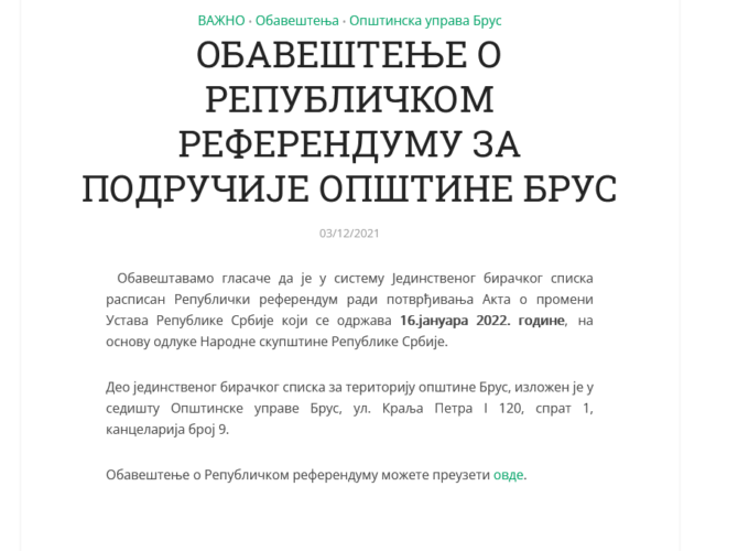 OBAVEŠTENjE O REPUBLIČKOM REFERENDUMU ZA PODRUČIJE OPŠTINE BRUS